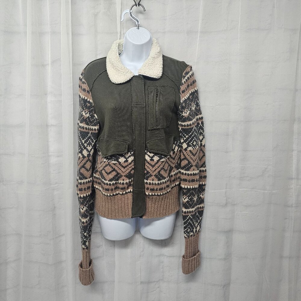 Free People Green Tan Nordic Fair Isle Cardigan Sweater Boho Gorpcore S FLAW